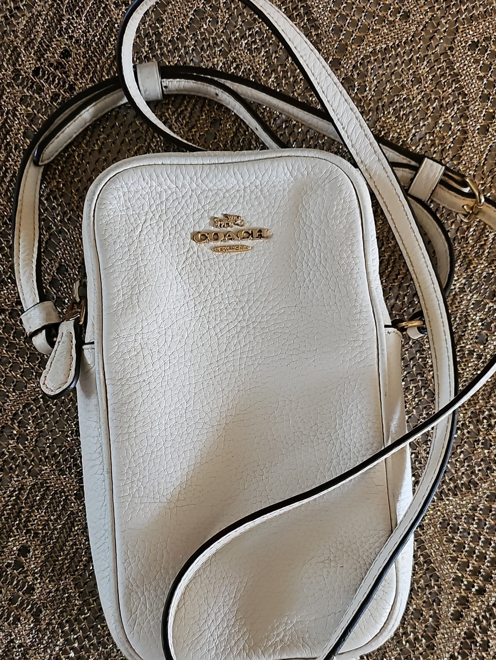 Coach White Pebbled Leather Crossbody Phone Pouch with Gold Hardware